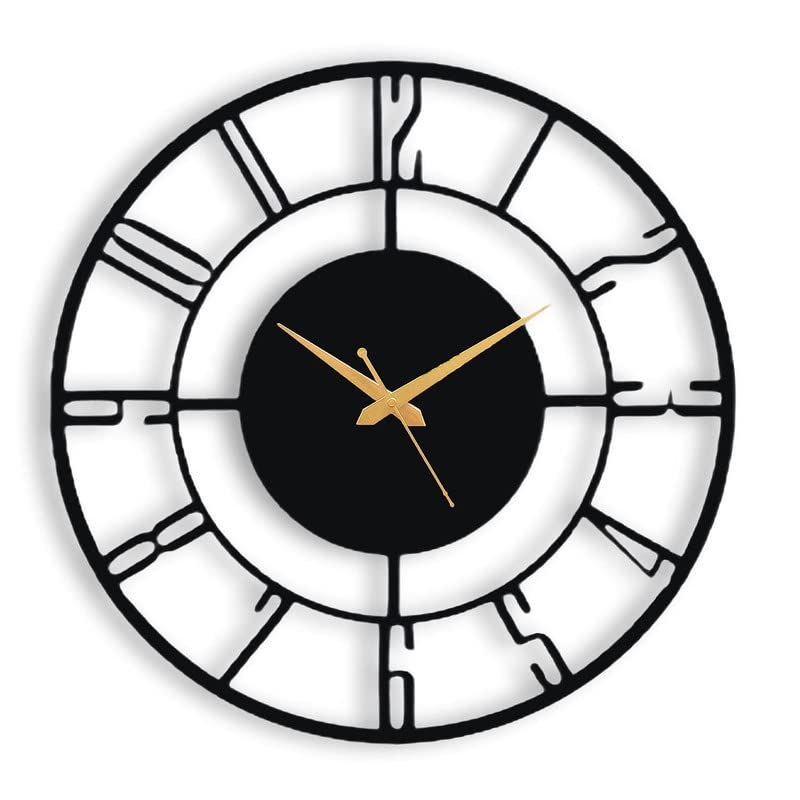 PrimPix 30cm Black Metal Wall Clock – Silent Non-Ticking Round Design with Golden Hands for Modern Home & Office Decor
