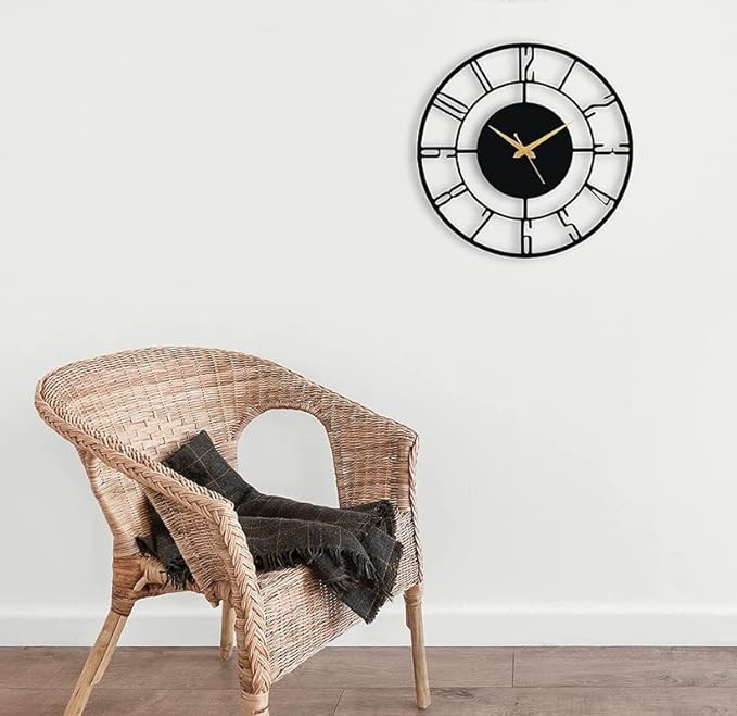 PrimPix 30cm Black Metal Wall Clock – Silent Non-Ticking Round Design with Golden Hands for Modern Home & Office Decor