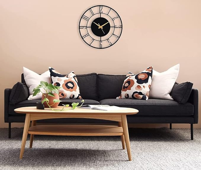PrimPix 30cm Black Metal Wall Clock – Silent Non-Ticking Round Design with Golden Hands for Modern Home & Office Decor