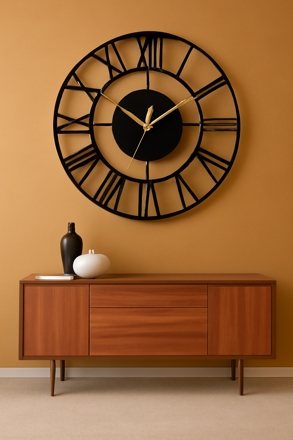 PrimPix 30cm Black Metal Wall Clock – Silent Non-Ticking Round Design with Golden Hands for Modern Home & Office Decor