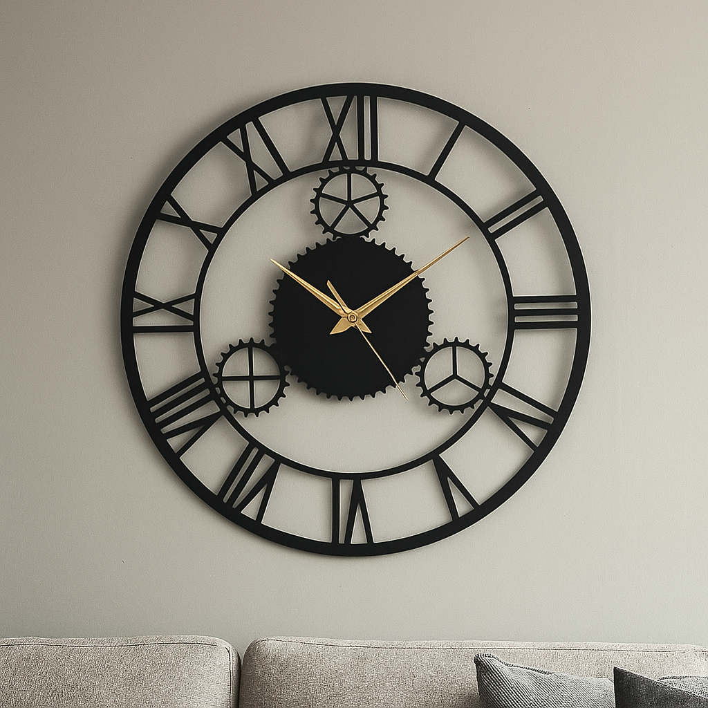 PrimPix 30cm Black Metal Wall Clock – Silent Non-Ticking Round Design with Golden Hands for Modern Home & Office Decor