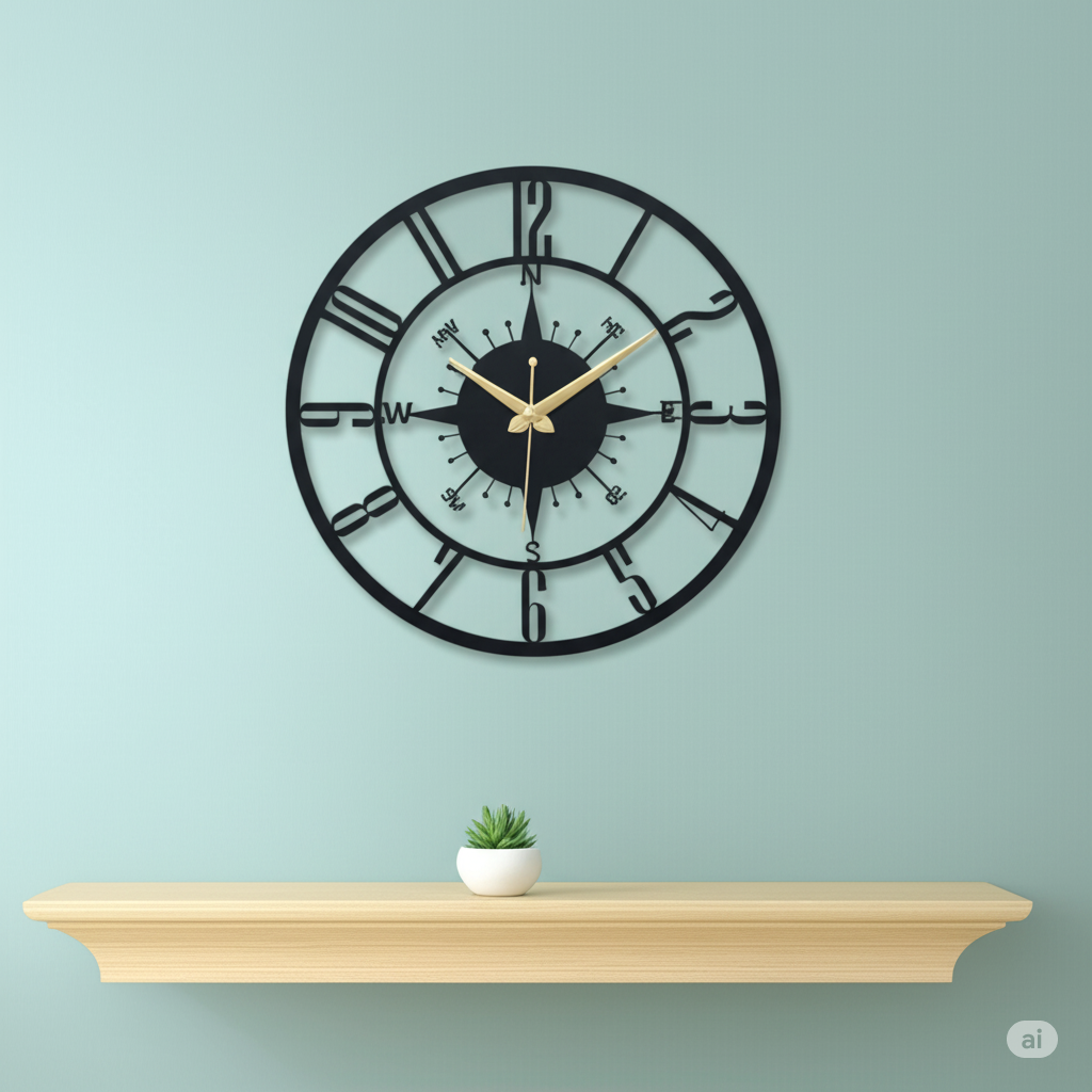PrimPix 30cm Black Metal Wall Clock – Silent Non-Ticking Round Design with Golden Hands for Modern Home & Office Decor