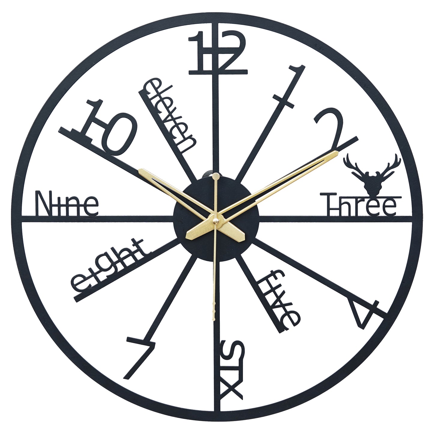 PrimPix 30cm Black Metal Wall Clock – Silent Non-Ticking Round Design with Golden Hands for Modern Home & Office Decor