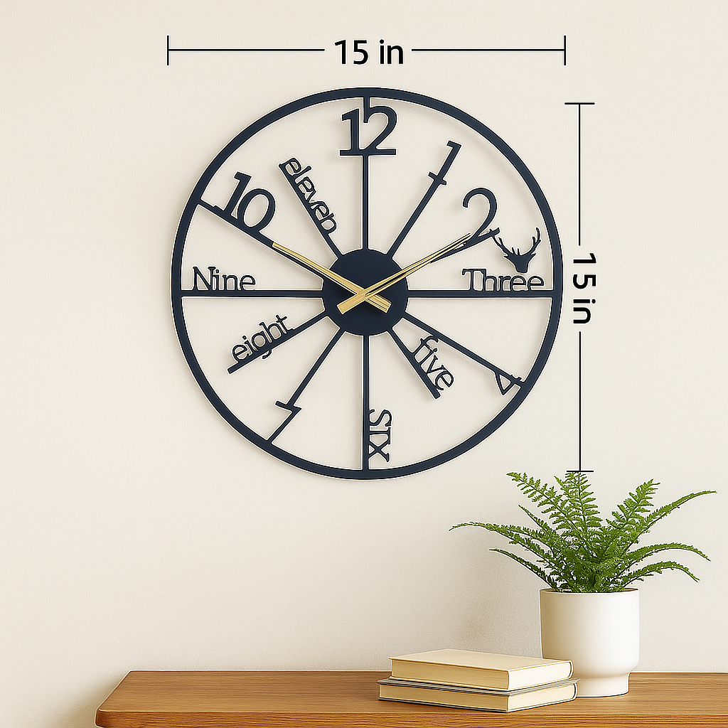 PrimPix 30cm Black Metal Wall Clock – Silent Non-Ticking Round Design with Golden Hands for Modern Home & Office Decor