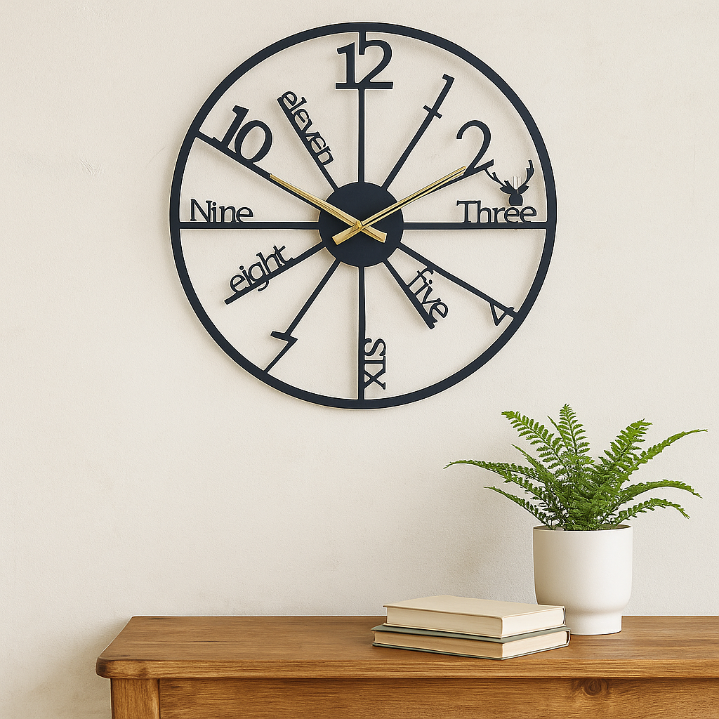 PrimPix 30cm Black Metal Wall Clock – Silent Non-Ticking Round Design with Golden Hands for Modern Home & Office Decor