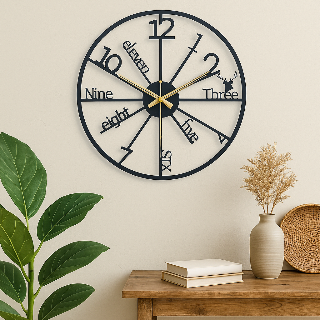 PrimPix 30cm Black Metal Wall Clock – Silent Non-Ticking Round Design with Golden Hands for Modern Home & Office Decor