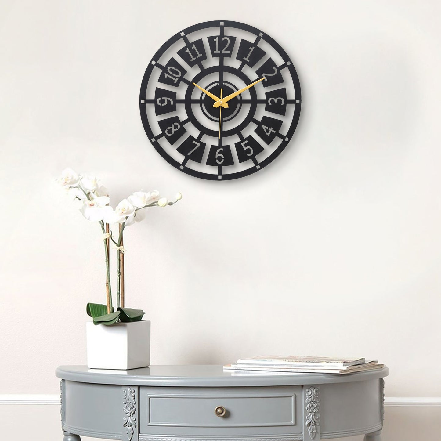 PrimPix Modern Black Metal Wall Clock – Silent, Minimalist Design with Golden Hands for Home & Office Decor (30cm)