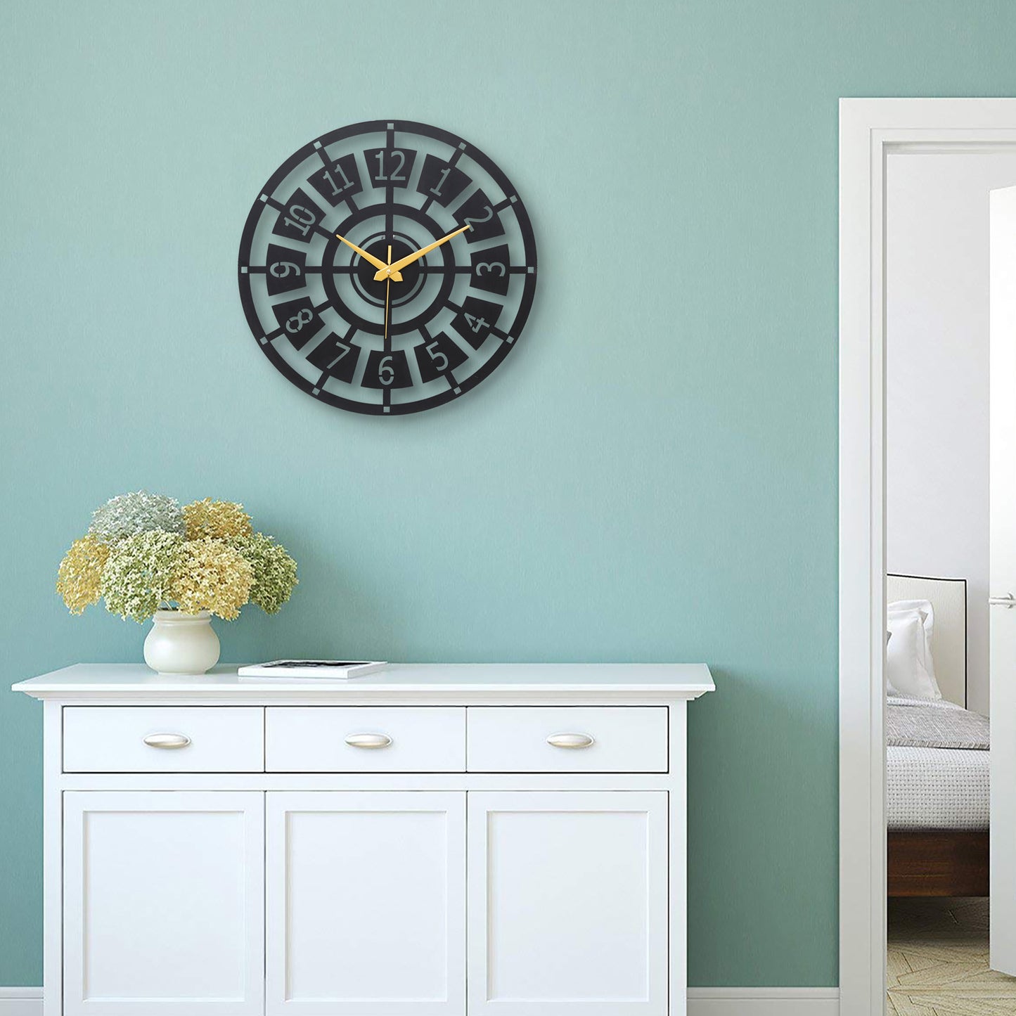 PrimPix Modern Black Metal Wall Clock – Silent, Minimalist Design with Golden Hands for Home & Office Decor (30cm)