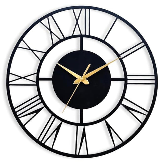PrimPix 30cm Black Metal Wall Clock – Silent Non-Ticking Round Design with Golden Hands for Modern Home & Office Decor