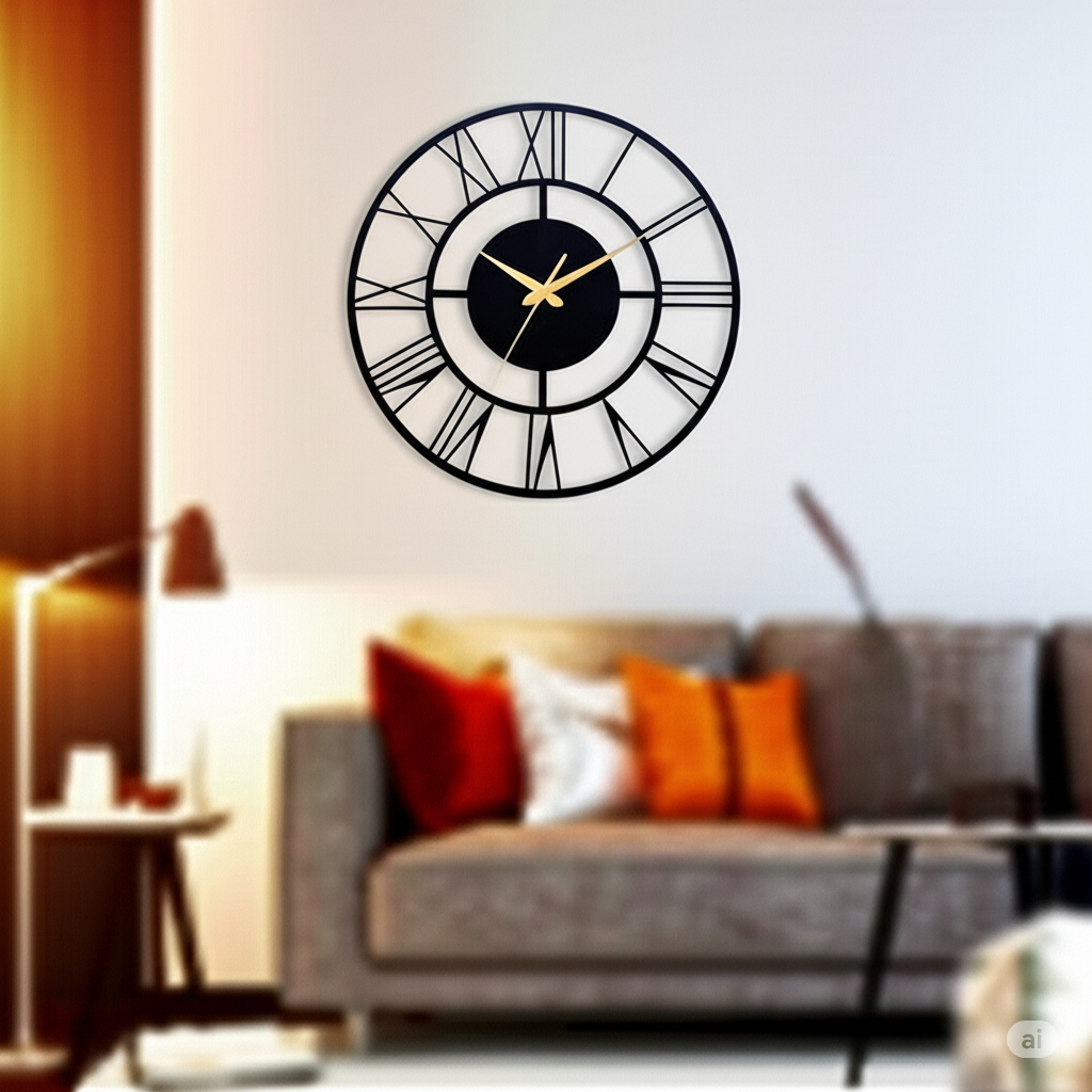PrimPix 30cm Black Metal Wall Clock – Silent Non-Ticking Round Design with Golden Hands for Modern Home & Office Decor