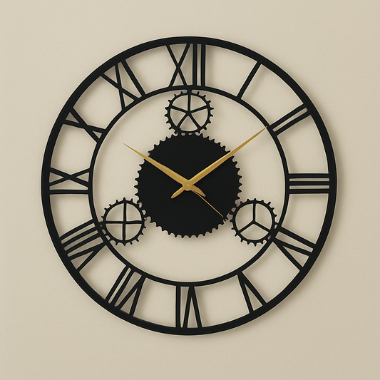 PrimPix 30cm Black Metal Wall Clock – Silent Non-Ticking Round Design with Golden Hands for Modern Home & Office Decor
