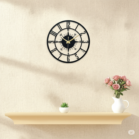 PrimPix 30cm Black Metal Wall Clock – Silent Non-Ticking Round Design with Golden Hands for Modern Home & Office Decor