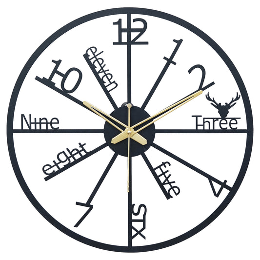 PrimPix 30cm Black Metal Wall Clock – Silent Non-Ticking Round Design with Golden Hands for Modern Home & Office Decor