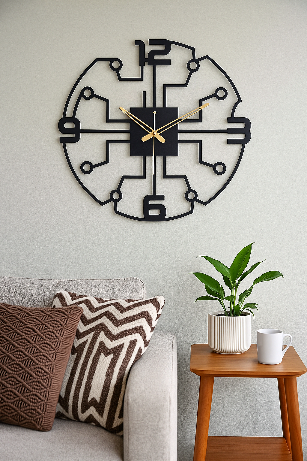 PrimPix 30cm Black Metal Wall Clock – Silent Non-Ticking Round Design with Golden Hands for Modern Home & Office Decor
