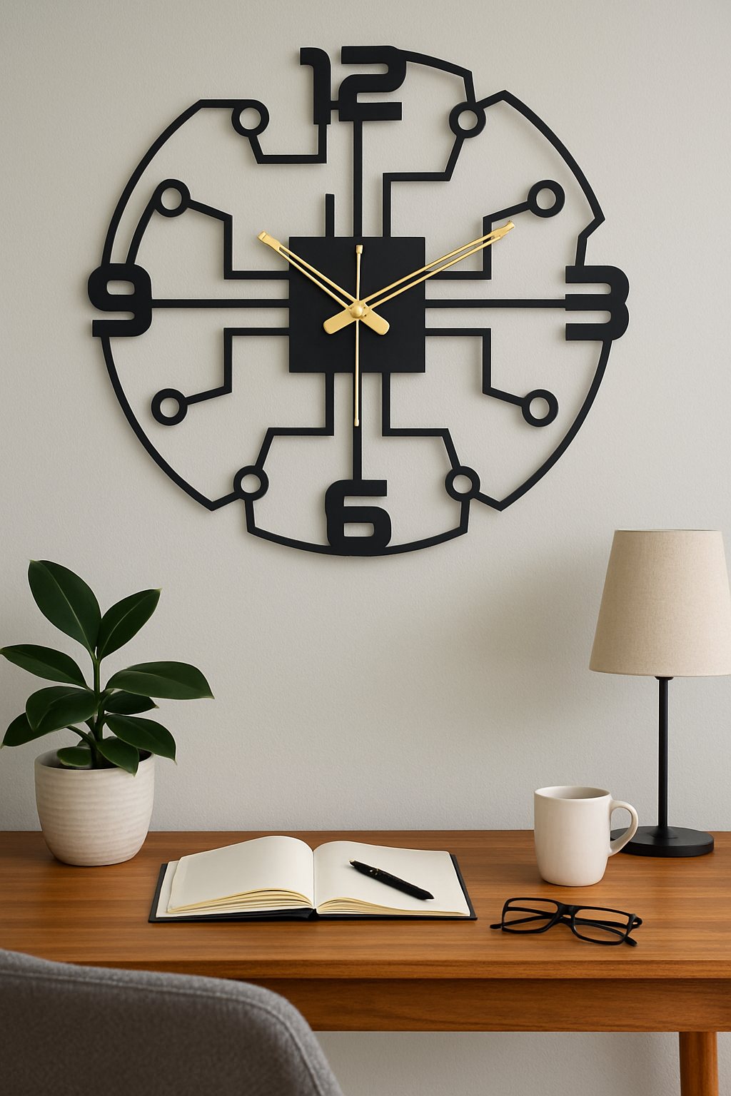 PrimPix 30cm Black Metal Wall Clock – Silent Non-Ticking Round Design with Golden Hands for Modern Home & Office Decor